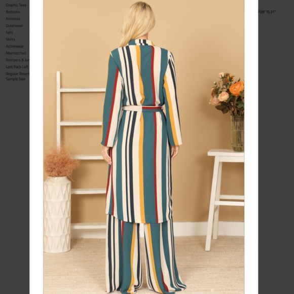 NWT Women's 2pc Stripe Collared Button Down Tie Waist Wide Leg Matching Suit - Picture 2 of 3